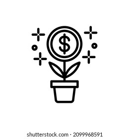 Financial Growth Thin Line Icon: Flower In Pot With Dollar Coin. Financial Stability, Savings, Increase Of Wealth, Business Profit. Modern Vector Illustration.