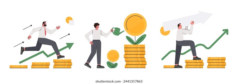 Financial growth vector illustration set. Business people investing money. Financial success and money growth.
