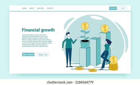 Financial growth.People are growing a money tree.An illustration in the style of a green landing page.