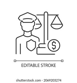 Financial guard linear icon. Specialist enforcing financial laws. Commercial sectors regulation. Thin line customizable illustration. Contour symbol. Vector isolated outline drawing. Editable stroke