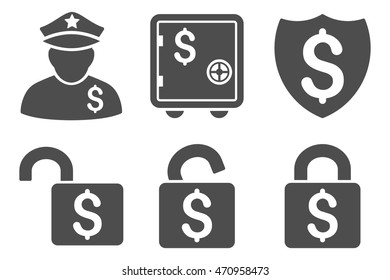Financial Guard vector icons. Pictogram style is gray flat icons with rounded angles on a white background.