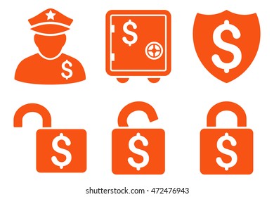 Financial Guard vector icons. Pictogram style is orange flat icons with rounded angles on a white background.