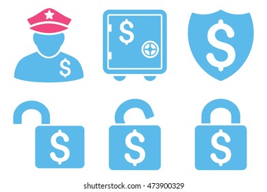 Financial Guard vector icons. Pictogram style is bicolor pink and blue flat icons with rounded angles on a white background.