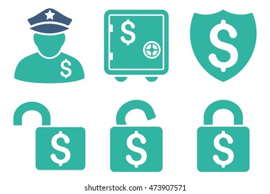 Financial Guard vector icons. Pictogram style is bicolor cobalt and cyan flat icons with rounded angles on a white background.