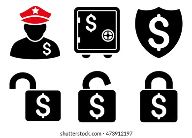 Financial Guard vector icons. Pictogram style is bicolor intensive red and black flat icons with rounded angles on a white background.