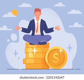 Financial guru concept. Young male entrepreneur meditates on pile of gold coins. Financial literacy and money management. Successful investor with high profit. Cartoon flat vector illustration