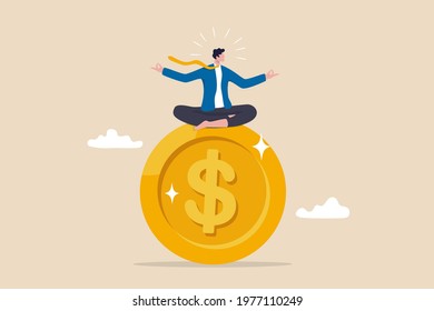 Financial guru or expert, behavioral finance mindfulness for wealth management, money and investment advisor concept, smart businessman meditate and floating on big golden money dollar coin.