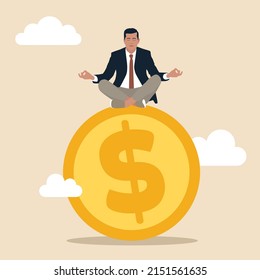 Financial guru or expert, behavioral finance mindfulness for wealth management, money and investment advisor concept, businessman meditate on big golden money dollar coin.