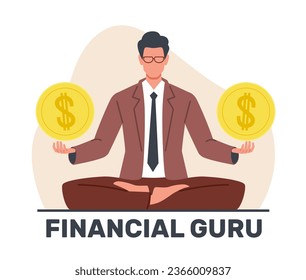 Financial guru or expert, concept of money and investment advisor. Man in business suit meditating sitting in lotus position, huge golden dollar coins in hands. Cartoon flat vector illustration