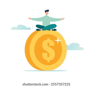 Financial guru or expert, the concept of a money and investment consultant, a businessman meditating on a large gold dollar coin, vector illustration