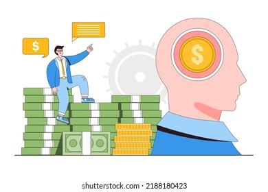 Financial guru or expert, investment advisor, wealth management, professional consulting, specialist accounting concepts. Smart businessman sitting on piles of money with coin in his head brain.