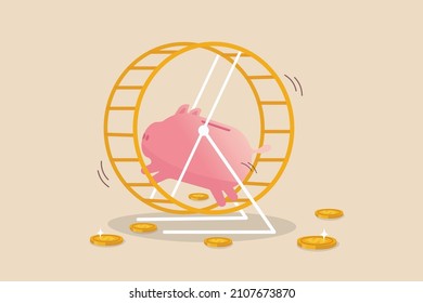 Financial Habit Or Routine, Shopping And Cost Causing Money Problem, Debt And Loan Payment Or Savings Behavior Concept, Tried Piggy Bank Running In Rat Race Or Hamster Wheel.