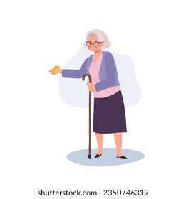 Financial Hardship concept. Poor Elderly Lady Managing Money Shortage. Senior Woman with Coin in Hand 