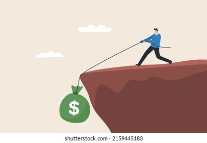 Financial Hardship, Difficulty Paying Your Bills And Repayments On Loans And Debts When They Are Due. Work Hard To Make Money. Businessman Work Hard To Pull Wealth Up The Cliff.