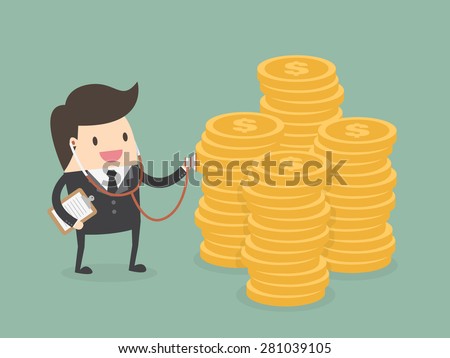 Financial health check. Businessman using stethoscope to check money health