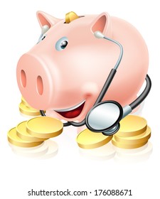 Financial health check conceptual illustration of a piggy bank surrounded by gold pennies wearing a stethoscope. Could also relate to medical insurance or health care costs.