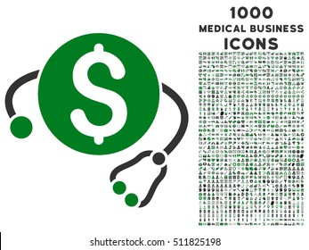 Financial Health vector bicolor icon with 1000 medical business icons. Set style is flat pictograms, green and gray colors, white background.