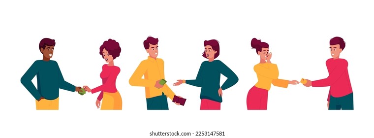 Konzept der finanziellen Hilfe Freunde nehmen und geben Geld, weibliche Charaktere leihen Geld bei Husband einzeln auf weißem Hintergrund. Couple Relations, Girls Friendship. Vektorgrafik von Cartoon People