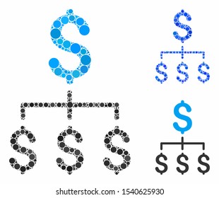 Financial hierarchy composition of round dots in different sizes and color hues, based on financial hierarchy icon. Vector round dots are organized into blue mosaic.