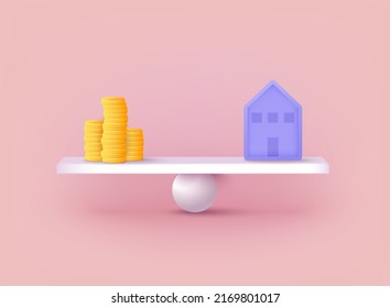 Financial home loan management concept. Coin compare house on weighing scale, financial investing, money-saving. 3D Web Vector Illustrations.