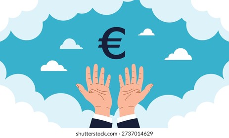 Financial hope concept featuring human hands reaching up towards large euro currency symbol floating among white clouds in bright blue sky.