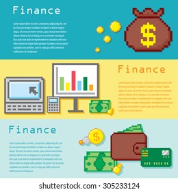 Financial horizontal banners set. Pixel art. Old school computer graphic style.