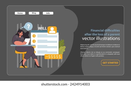 Financial hurdles post-loss web or landing. A widow grapples with the economic realities of estate management. Flat vector illustration.