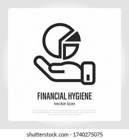 Financial hygiene: planning of expenses. Thin line icon. Hand with diagram. Vector illustration.