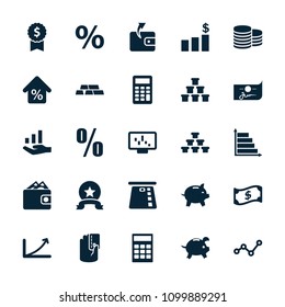 Financial icon. collection of 25 financial filled icons such as coin, wallet, calculator, mortgage, graph, graph on hand, medal. editable financial icons for web and mobile.