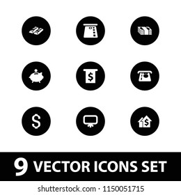 Financial icon. collection of 9 financial filled icons such as board, atm money withdraw, piggy bank, dolar growth, money in atm. editable financial icons for web and mobile.