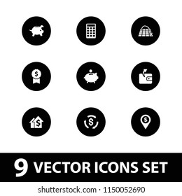 Financial icon. collection of 9 financial filled icons such as wallet, piggy bank, dollar location, dolar growth, dollar award. editable financial icons for web and mobile.