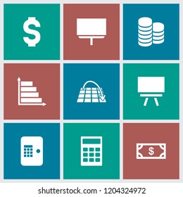 Financial icon. collection of 9 financial filled icons such as money, board, calculator, move on map, atm, dollar, graph. editable financial icons for web and mobile.