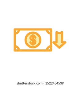 financial icon. Dollar exchange rate decreases indicating that the dollar is weakening. filled outline style