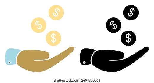 financial icon, hand holding coins, simple flat style, illustration, logo sign symbol pictogram template, for ui or ux isolated on white for mobile app, editable
