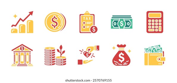 Financial icon pack with colorful flat style, featuring finance, investment, savings, business growth, economic development, profit growth, wealth management and financial planning themes.