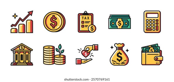 Financial icon pack with dual-color style, featuring finance, investment, savings, business growth, economic development, profit growth, wealth management and financial planning themes.