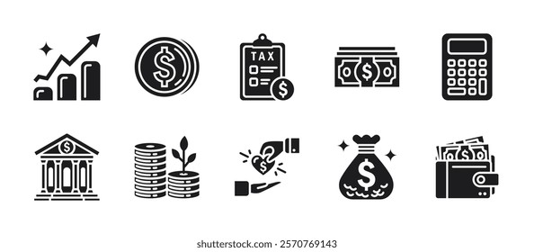 Financial icon pack with glyph style, featuring finance, investment, savings, business growth, economic development, profit growth, wealth management and financial planning themes.