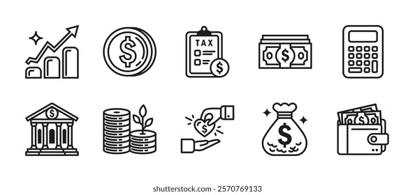 Financial icon pack with outline style, featuring finance, investment, savings, business growth, economic development, profit growth, wealth management and financial planning themes.