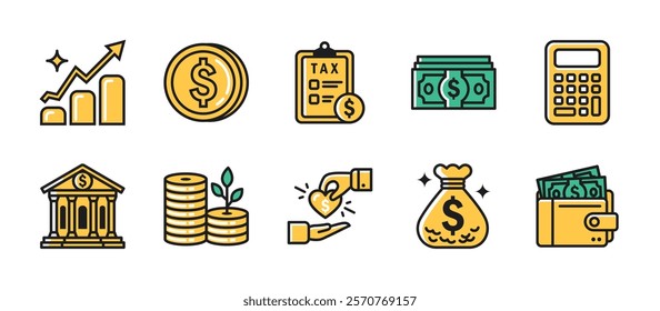 Financial icon pack with single color style, featuring finance, investment, savings, business growth, economic development, profit growth, wealth management and financial planning themes.