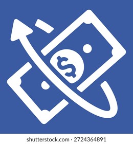 Ícone financeiro que representa retorno sobre o investimento (ROI), fluxo de caixa e giro de dinheiro. Símbolo de arte de linha branca em um plano de fundo azul