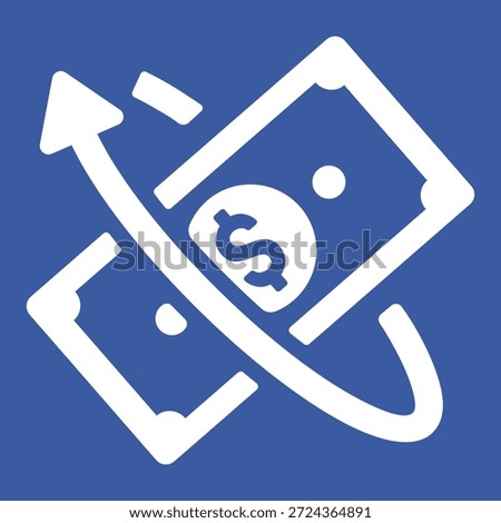 Financial icon representing Return on Investment (ROI), cash flow, and money turnover. White line art symbol on a blue background