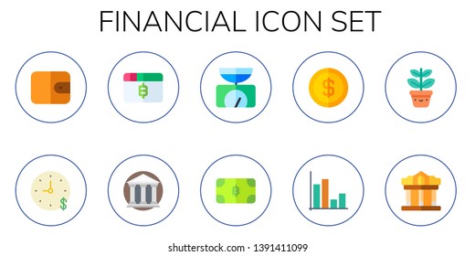 financial icon set. 10 flat financial icons.  Collection Of - wallet, time is money, bitcoin, bank, balance, dollar, graph, growth, museum