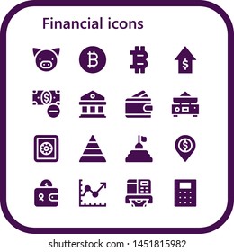 financial icon set. 16 filled financial icons.  Collection Of - Pig, Bitcoin, Sales, Money, Courthouse, Wallet, Balance, Safe box, Pyramid, Bank, Line chart, Atm, Calculator