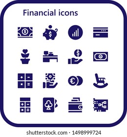 financial icon set. 16 filled financial icons.  Collection Of - Money, Piggy bank, Bars graphics, Card, Growth, Cash machine, Calculator, Euro, Retirement, Cards, Wallet