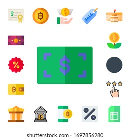 finanzielle Icon-Set. 17 flache finanzielle Symbole. Inklusive Investitionen, Geld, Prozentsatz, Geldbörse, Geldbörse, Wachstum, zum Verkauf, Rating, Museum, Bitcoin, Bank, Sparkasse, Verkauf, Prozent, BleIcons