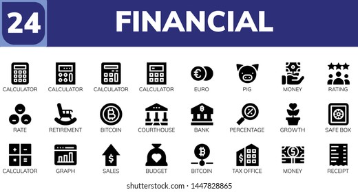financial icon set. 24 filled financial icons.  Collection Of - Calculator, Euro, Pig, Money, Rating, Rate, Retirement, Bitcoin, Courthouse, Bank, Percentage, Growth, Safe box