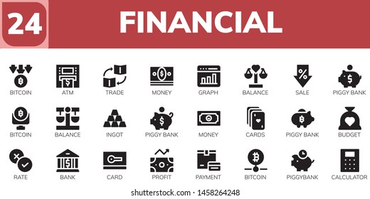 financial icon set. 24 filled financial icons.  Collection Of - Bitcoin, Atm, Trade, Money, Graph, Balance, Sale, Piggy bank, Ingot, Cards, Budget, Rate, Bank, Card, Profit, Payment