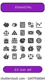 financial icon set. 25 filled financial icons.  Simple modern icons such as: Piggy bank, Pyramid, Calculator, Money exchange, Line chart, Balance, Ingot, Money, Financial, Museum