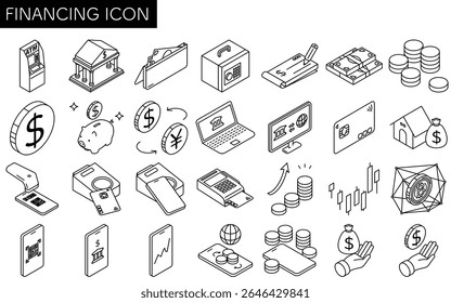 Financial icon set of 28 items, simple line drawing icon, isometric illustration of money, banking, investment, cashless payment, digital finance and savings, black and white, Vector Illustration