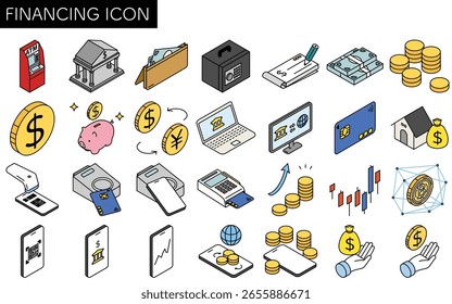 Financial icon set of 28 items, simple line drawing icon, isometric illustration of money, banking, investment, cashless payment, digital finance and savings, Vector Illustration